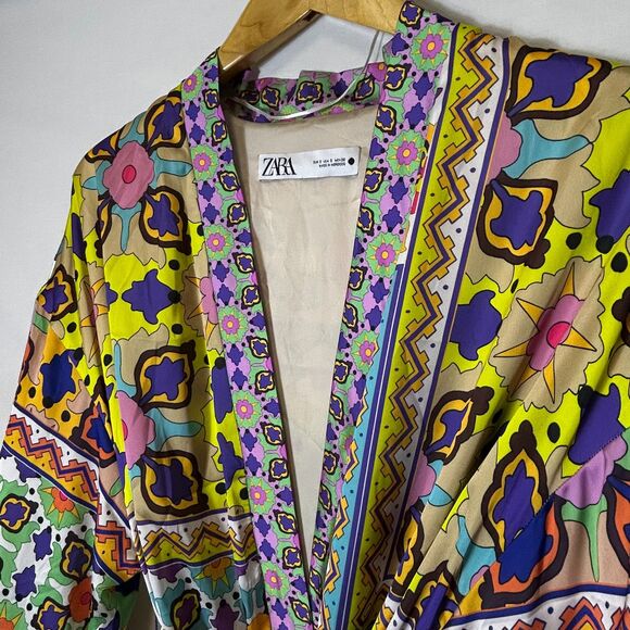 Zara Satin Effect Colorful Boho Floral Belted LS Kimono Duster Robe Size S - Picture 5 of 16
